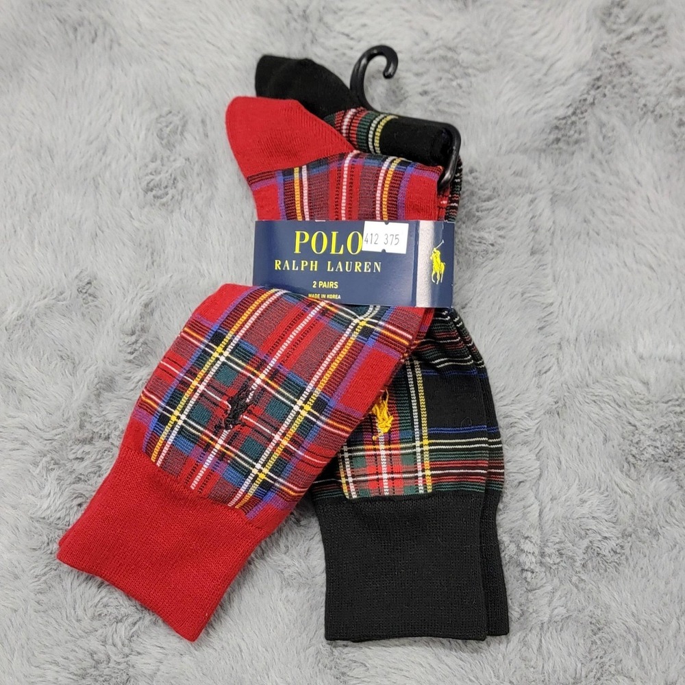 Polo Ralph Lauren Socks Mens 10-13 Multicolor Tartan Plaid Pony 2 Pairs Mid Calf